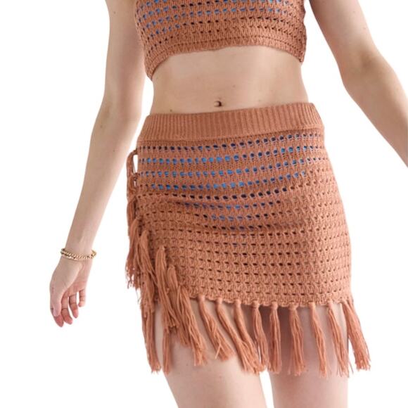 Francesca’s Nola Brown High Rise Tassel Crochet Skirt Cover Up Size Large - Picture 1 of 7